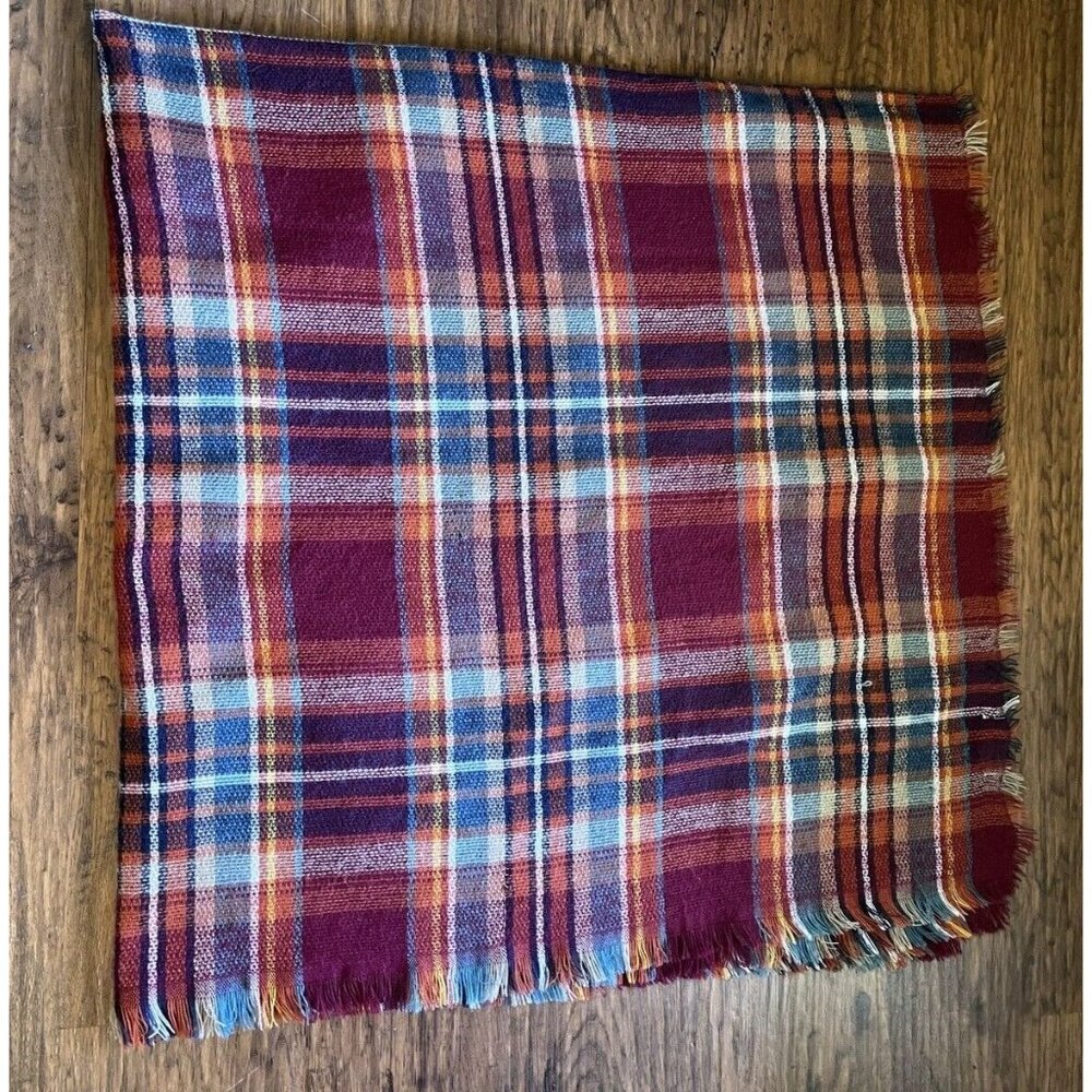 Altar'd State Super Soft Maroon Orange Teal Plaid Fringed Wrap Throw Scarf 52x52 - Picture 5 of 7
